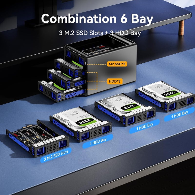 cenmate Hybrid 3*2.5/3.5" SATA HDD/SSD+3* M / B+M Key M.2 NVMe Enclosure with Cooling Fan and USB A/C 3.2 Gen 2, Hard Drive Enclosure Support 90TB(3*22TB HDD+3*8TB 2230/2242/2260/2280/22110 SSDs) - Image 2